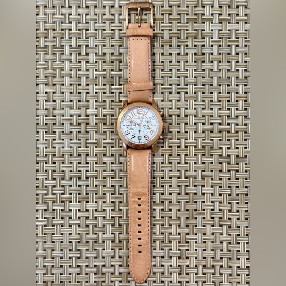 Michael Kors Leather-Strap Chronograph Watch in Tan - Picture 1 of 2